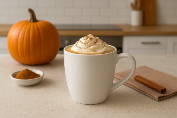 create an image of Pumpkin Spice Coffee in a cup in a modern kitchen