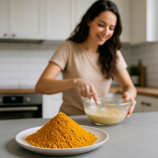 Vibrant turmeric golden milk baked goods with organic ingredients on rustic table