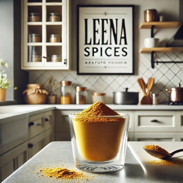 a bowl of yellow powder on a counter leena spices