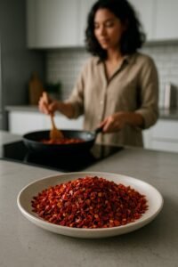 Fresh whole and sliced sweet red capsicum bell peppers on a kitchen counter, ready for cooking prep.