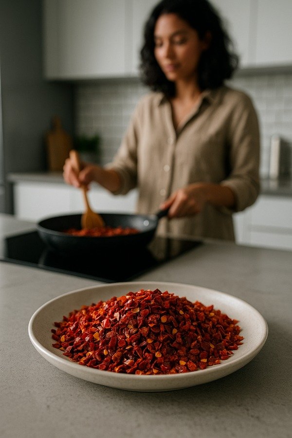 Fresh whole and sliced sweet red capsicum bell peppers on a kitchen counter, ready for cooking prep.
