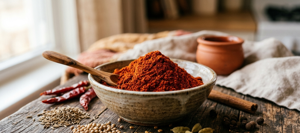 Vibrant deep red Ethiopian Berbere spice blend in a small ceramic bowl surrounded by cooking ingredients