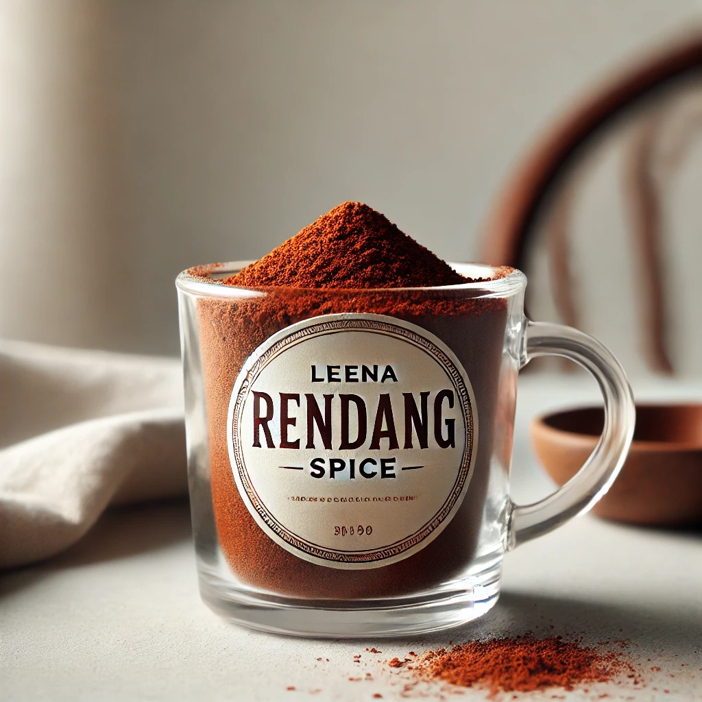 Homemade rendang spice powder in a glass container ready for cooking.