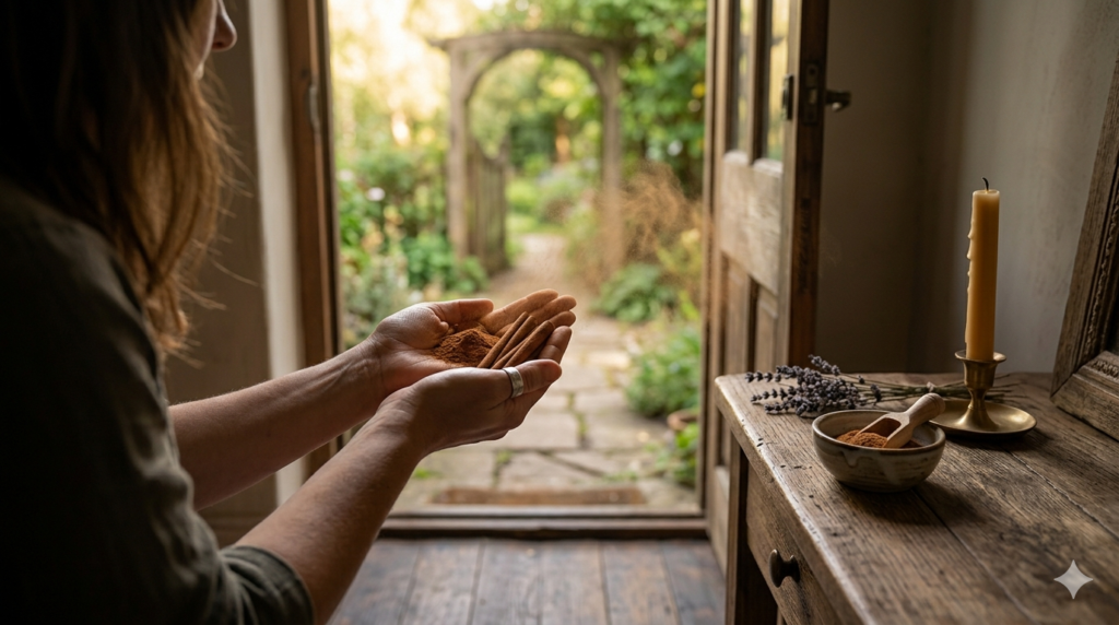 A person holding ground cinnamon and whole Ceylon sticks at an open home entryway for an abundance manifestation ritual, with a bowl of spice and a candle on a rustic wooden table.