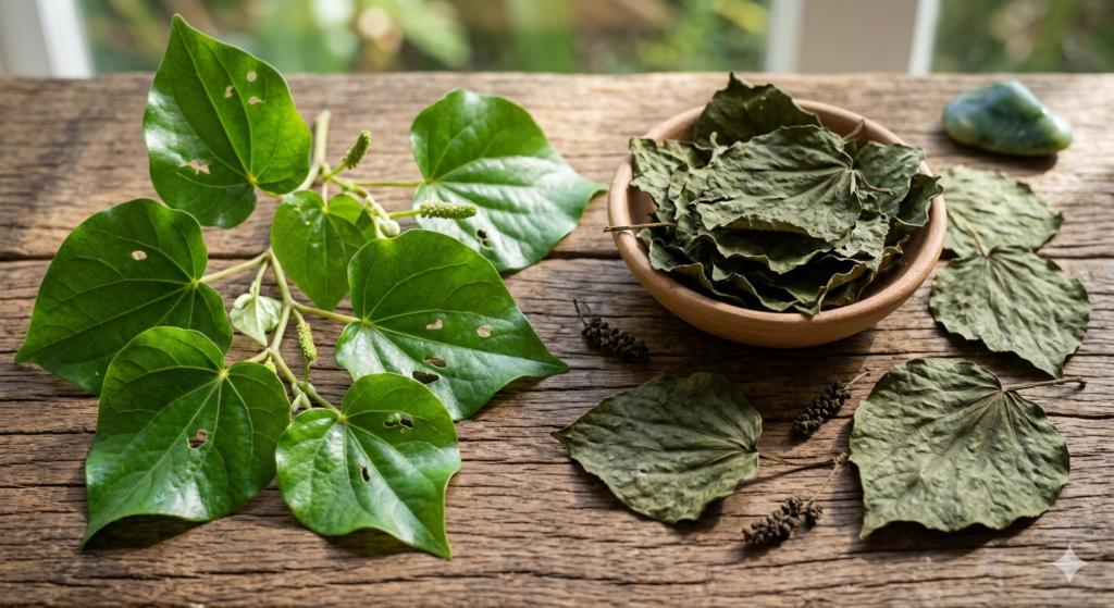 fresh-green-heart-shaped-kawakawa-leaves-with-natural-caterpillar-holes-next-to-a-rustic-wooden-bowl-filled-with-dried-kawakawa-leaves-on-a-timber-table