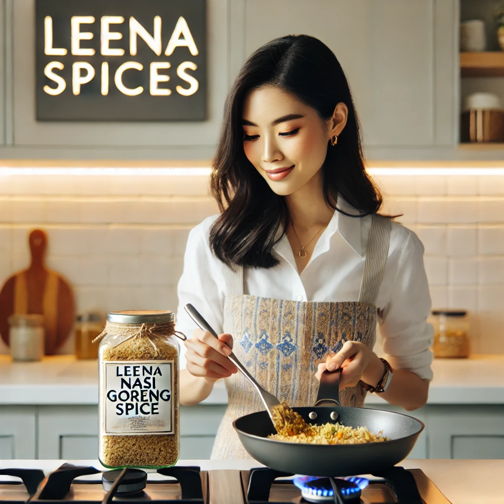 A young beautiful Asian lady cooking rice with Leena Nasi Goreng Spice in a modern kitchen stove.