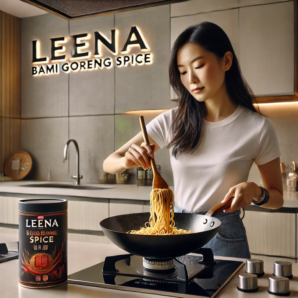 A lady tossing yellow egg noodles in a hot wok to make an authentic Indonesian Bami Goreng recipe.