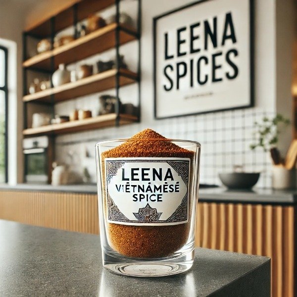 Vibrant golden homemade Vietnamese spice blend powder stored in an airtight glass jar on a rustic kitchen counter.