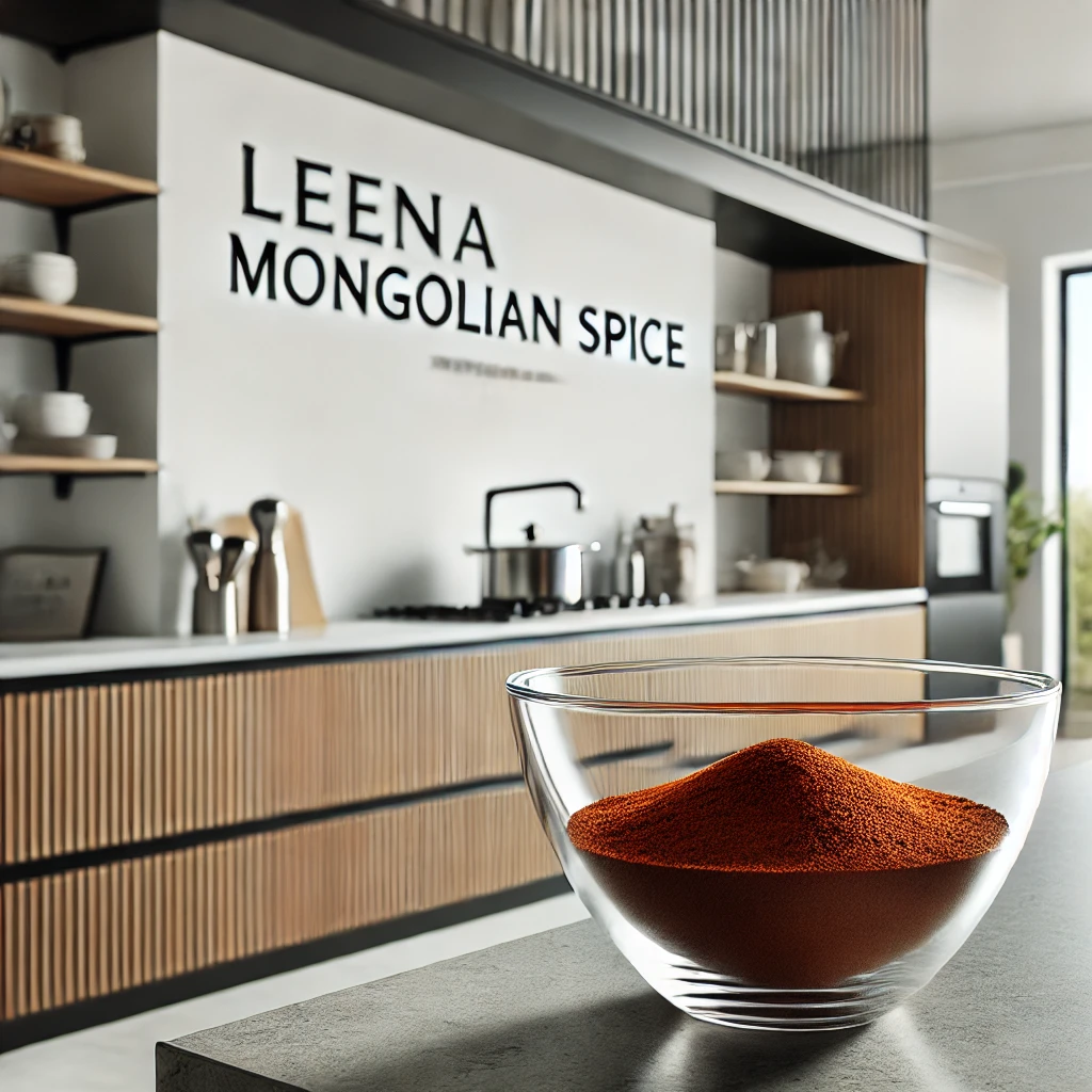 A clear glass jar filled with freshly ground, vibrant reddish-brown Mongolian spice blend on a wooden kitchen counter.
