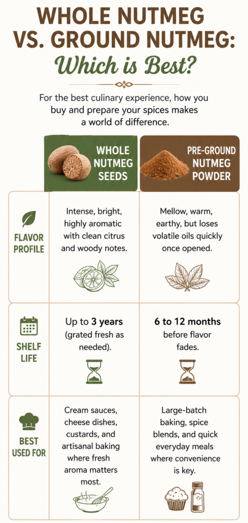 A side-by-side comparison card showing Leena Spices whole nutmeg seeds with a microplane grater on the left, and pure ground nutmeg powder in a jar with a wooden spoon on the right, listing flavor profiles and shelf life.
