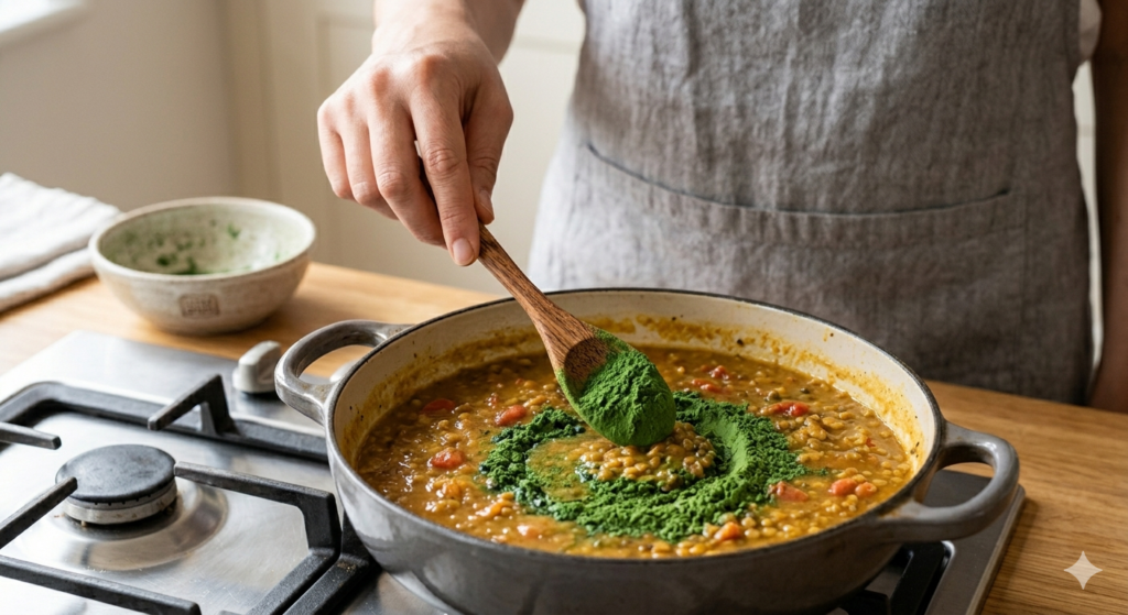 A home chef folding a spoonful of bright green Leena Spices Moringa powder into a warm simmering pan of yellow lentil dal on a stovetop.