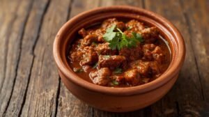 create an image for cooked vindaloo beef curry on a kitchen bench top