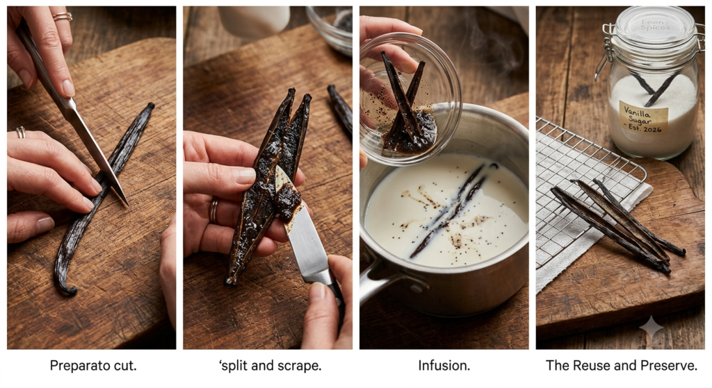A 4-step step-by-step culinary guide showing how to cut a vanilla bean, scrape out vanilla caviar seeds, infuse the pod husk into warm milk, and store the dried leftover pods in a jar to make vanilla sugar.