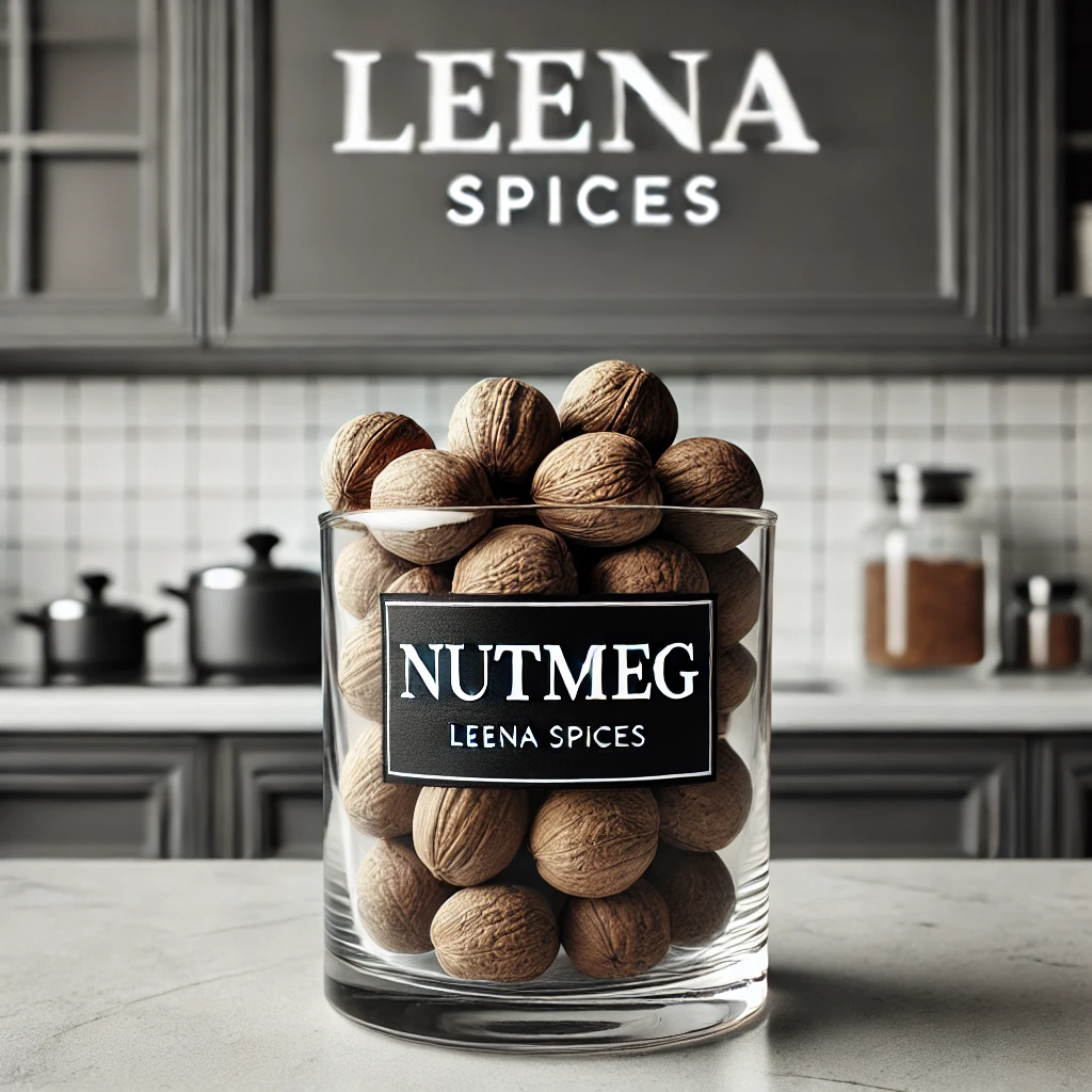 Whole premium nutmeg on a kitchen benchtop with a sign Leena Spices.