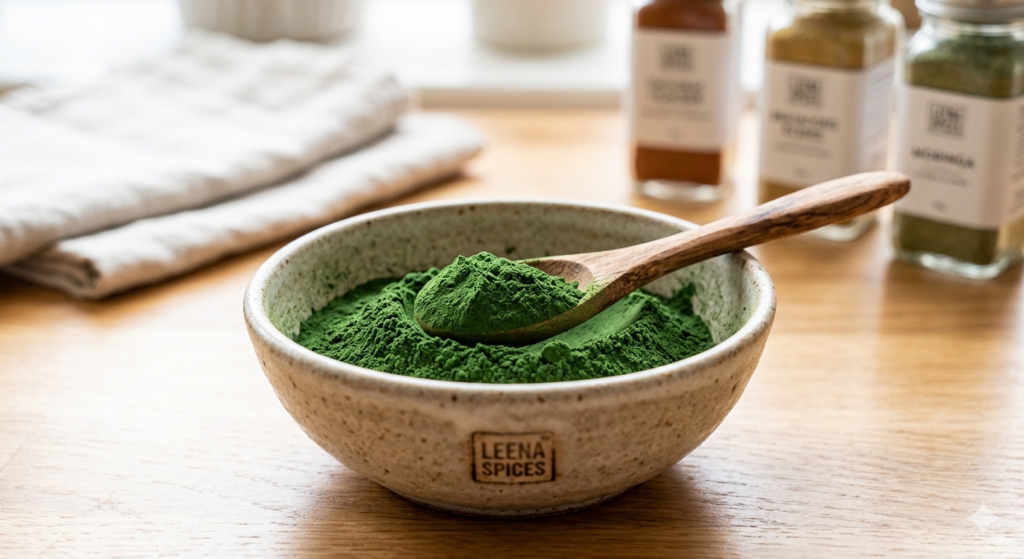 Vibrant green organic Moringa oleifera powder inside a rustic ceramic bowl stamped with the Leena Spices logo on a wooden kitchen counter.