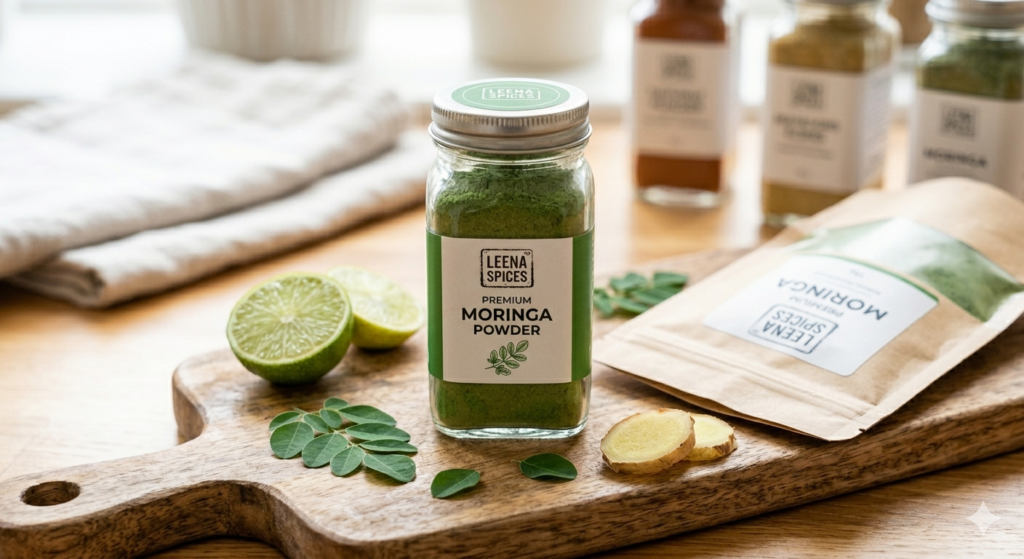 A glass jar and paper pouch of Leena Spices Premium Moringa Powder arranged on a wooden board with sliced lime, fresh ginger, and green moringa leaves.