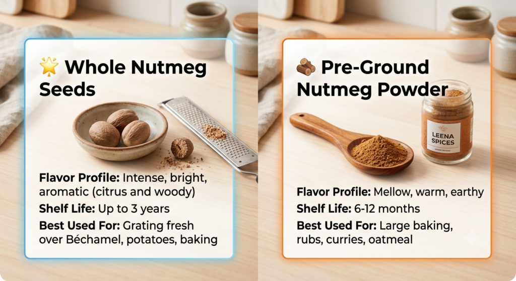 A side-by-side comparison card showing Leena Spices whole nutmeg seeds with a microplane grater on the left, and pure ground nutmeg powder in a jar with a wooden spoon on the right, listing flavor profiles and shelf life.