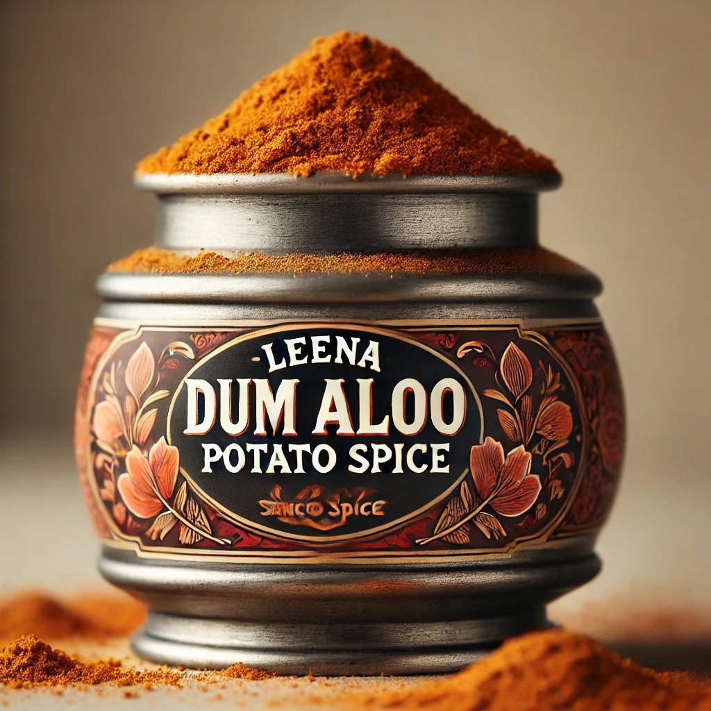 An open jar full of rich, North Indian Dum Aloo homemade spice blend.