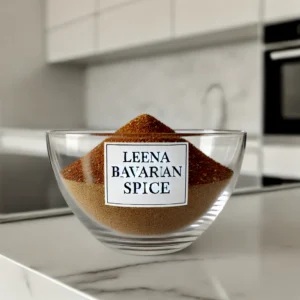Authentic homemade German Bavarian seasoning mix stored in a clear glass bowl on a clean kitchen benchtop.
