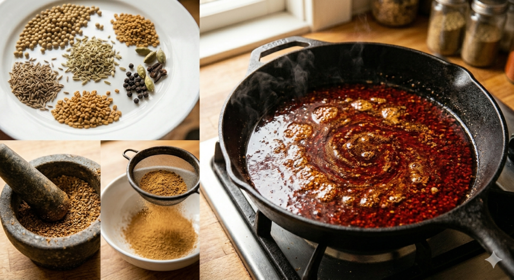 Three-panel step-by-step process of making authentic Kashmiri Basaar spice blend from scratch, showing raw whole seeds on a plate, grinding to a fine powder, and blooming the crimson red blend with paprika in a hot pan.