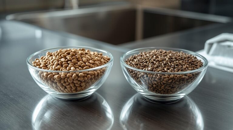 A side-by-side comparison of reddish-brown Asario garden cress seeds and dark mottled Chia seeds, showcasing their texture differences.
