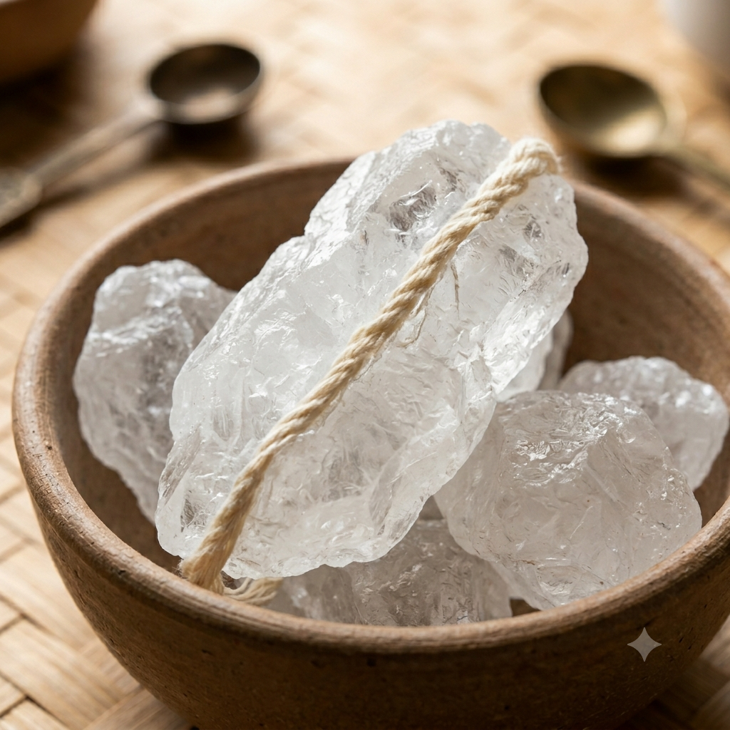 Close-up shot of raw unrefined Dhaga Mishri crystals showing the natural cotton thread embedded through the center.