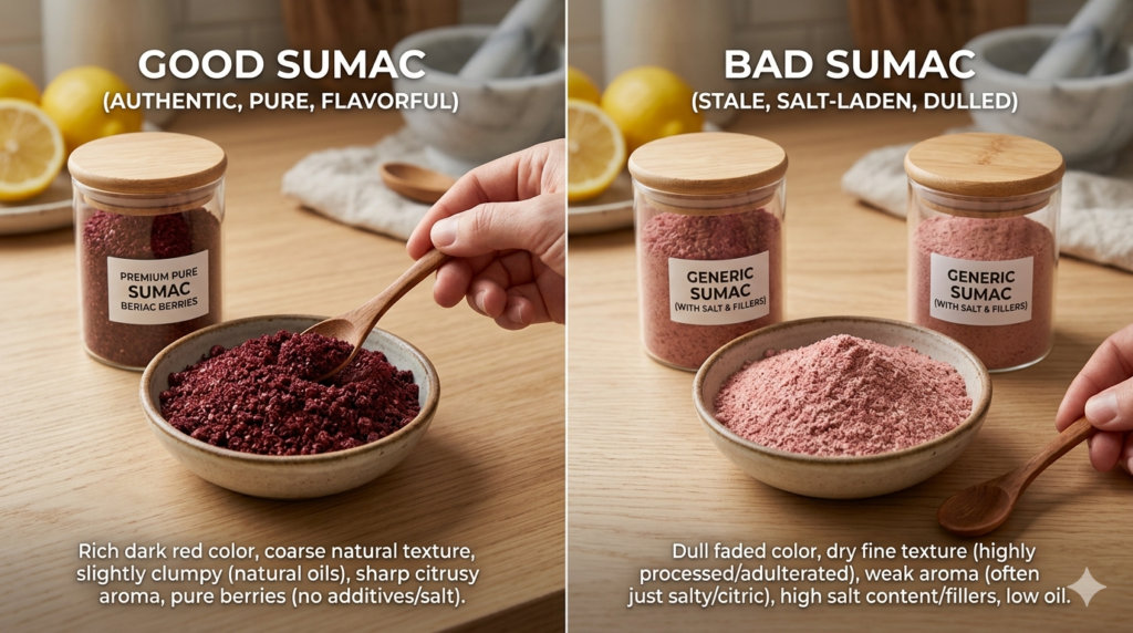 Side by side comparison of good versus bad sumac powder. The left side shows premium dark red, coarse, slightly clumpy pure sumac berries. The right side shows dull, faded pink, finely processed generic sumac adulterated with salt and fillers.