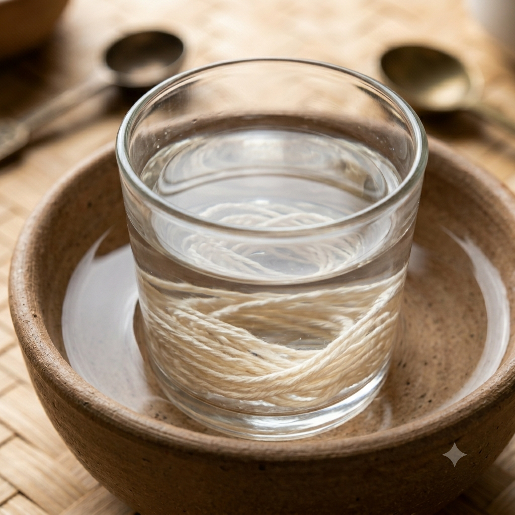 The final step of the Mishri authenticity test showing clear water after dissolution, leaving behind an intact cotton thread cluster.