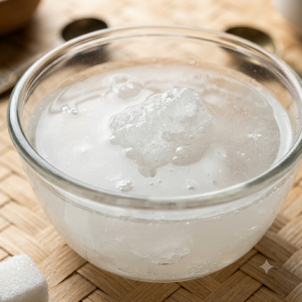 A fake test demonstrating refined rock candy dissolving quickly and turning the water in a glass murky and cloudy.