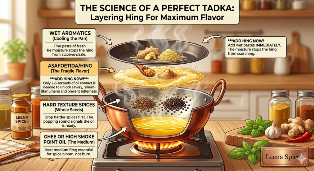 An instructional diagram by Leena Spices showing the science of a perfect Indian tadka tempering process, illustrating the correct layering order of ghee, whole spices, asafoetida hing, and wet aromatics to prevent burning.