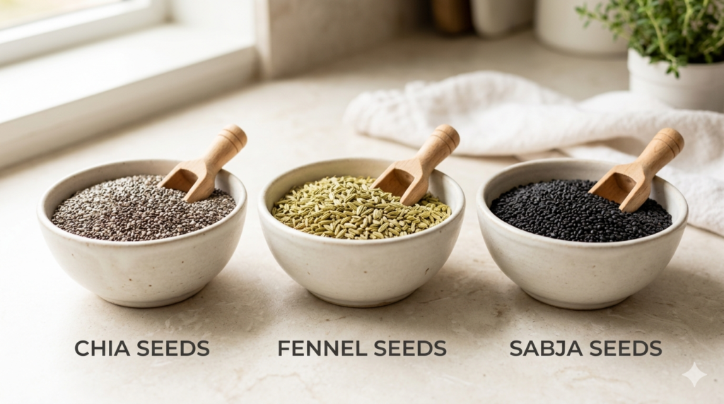 Safe pregnancy seed alternatives including chia seeds, fennel seeds, and sabja seeds.