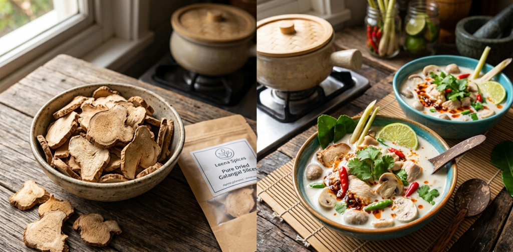 A side-by-side view of a rustic bowl filled with whole dried galangal slices next to a Leena Spices pouch, and two vibrant bowls of authentic Thai Tom Kha Gai soup garnished with lime, chili, and cilantro.