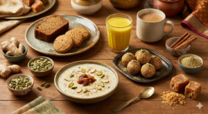 A rustic wooden table filled with delicious jaggery recipes including spiced cookies, banana bread, turmeric golden milk, masala chai, kheer, and sesame ladoos surrounded by raw jaggery blocks and green cardamom pods.