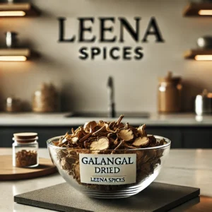 Dried galangal in a glass bowl on a clean kitchen benchtop leena spices