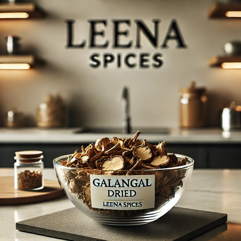 Dried galangal in a glass bowl on a clean kitchen benchtop leena spices