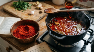 A beautiful close-up of vibrant red Kashmiri chili powder next to a simmering pot of curry oil, demonstrating how to control and adjust spice heat levels during cooking.