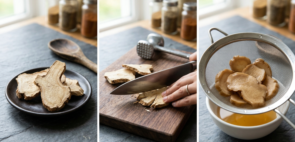 A three-step guide to preparing whole dried galangal slices: 1) A woody dry slice. 2) The process of bruising the slice with a flat heavy knife. 3) The finished, soft rehydrated slices held in a sieve.