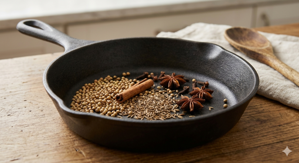 Whole cumin seeds, coriander, star anise, cinnamon stick, and cloves being dry toasted in a black cast-iron skillet on a wooden kitchen counter for authentic Mumbai spice blend recipe.