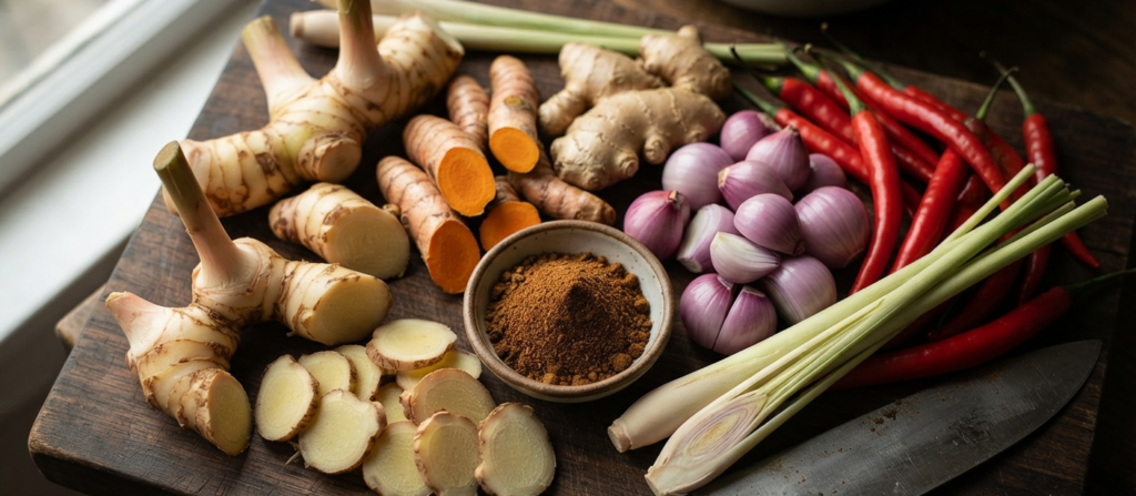 Rustic top-down flat lay of raw authentic Rendang paste ingredients on a dark wooden board, featuring fresh galangal roots, shallots, lemongrass, chilies, turmeric, ginger, and a small bowl of dry spice powder.
