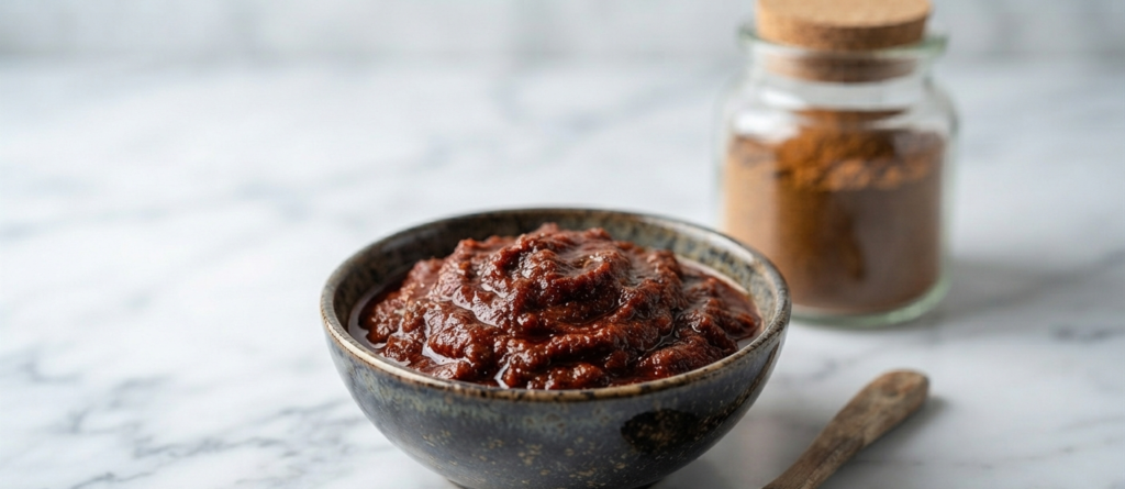 A close-up studio photograph of finished, rich, mahogany-red Indonesian Rendang paste in a small ceramic bowl on a white marble counter, with a blurred jar of Leena Spices dry blend visible in the background.