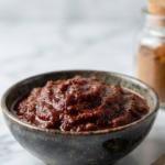 A close-up studio photograph of finished, rich, mahogany-red Indonesian Rendang paste in a small ceramic bowl on a white marble counter, with a blurred jar of Leena Spices dry blend visible in the background.