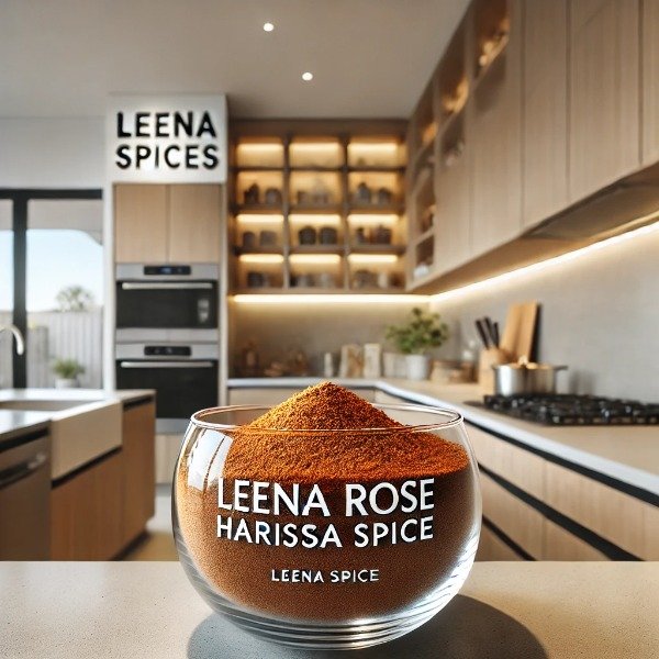 A glass container filled with vibrant, deep red homemade dry rose harissa spice seasoning blend, on a cooking surface.