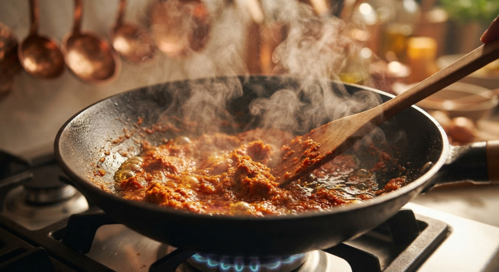 Close-up of vibrant red-orange Indonesian Rendang paste actively frying and steaming in a dark wok, with golden coconut oil separating from the mixture around the edges.